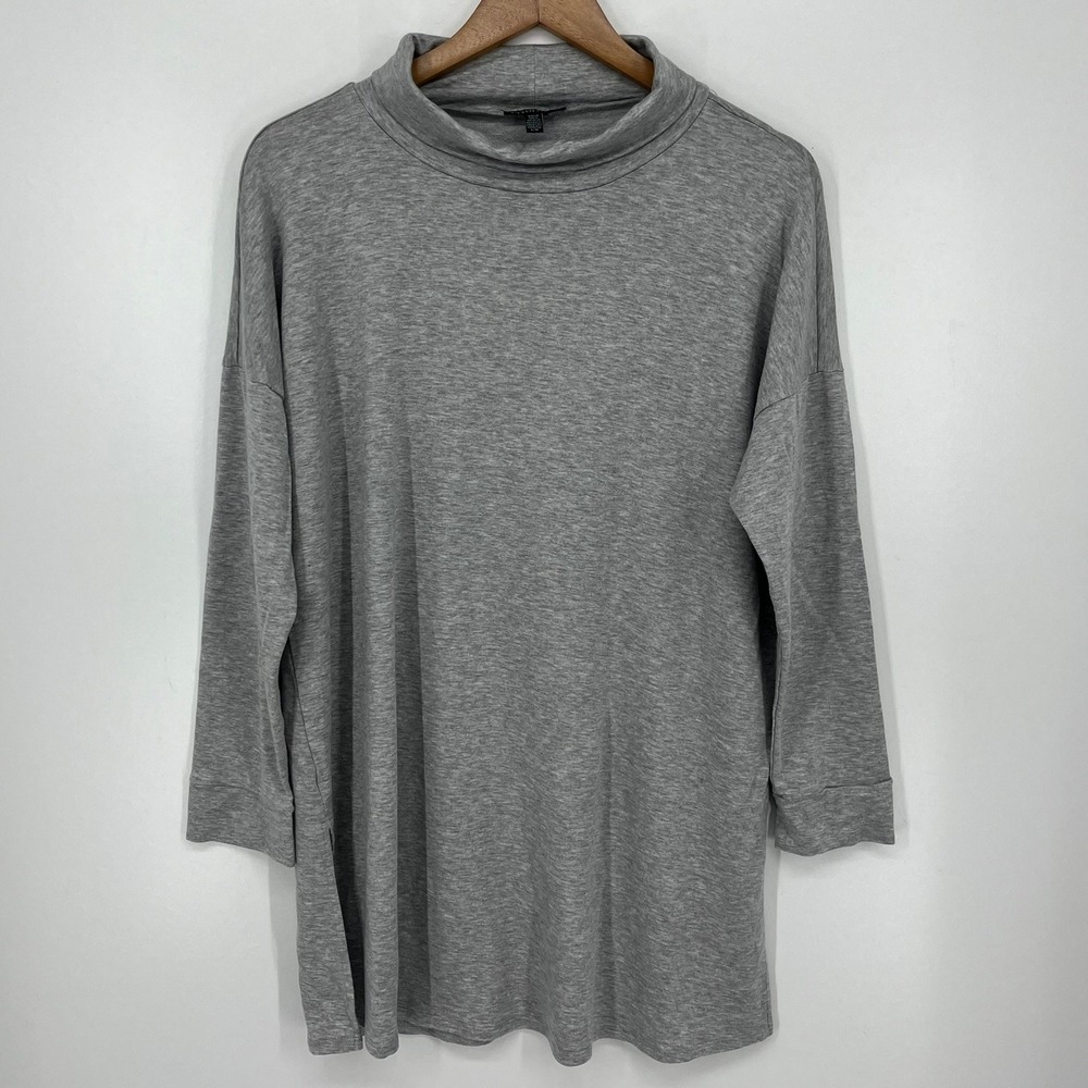 Eileen Fisher Womens Grey Funnel Neck Tencel Lyocell Tunic Top Size L